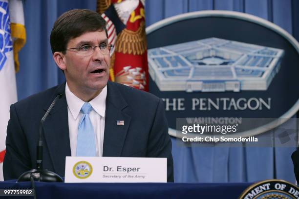 Army Secretary Mark Esper announces that Austin, Texas, will be the new headquarters for the Army Futures Command during a news conference at the...