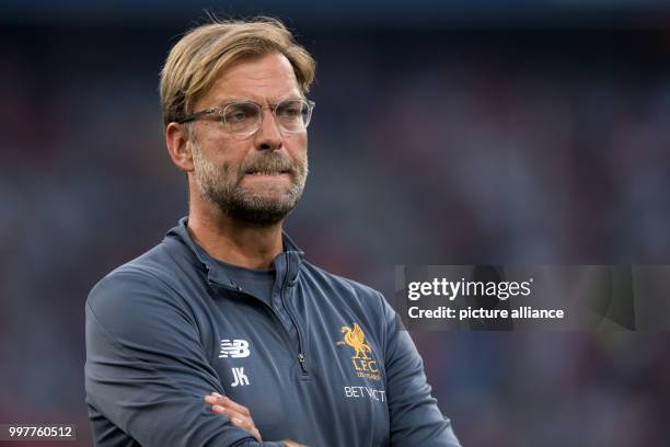 Liverpool manager Juergen Klopp enters the arena before the Audi Cup final Atletico Madrid vs FC Liverpool in the Allianz Arena in Munich, Germany,...