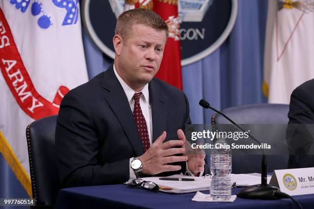 Army Undersecretary Ryan McCarthy announces that Austin, Texas, will be the new headquarters for the Army Futures Command during a news conference at...