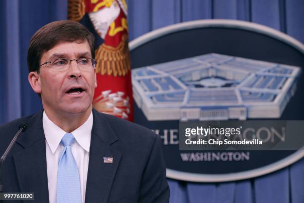 Army Secretary Mark Esper announces that Austin, Texas, will be the new headquarters for the Army Futures Command during a news conference at the...