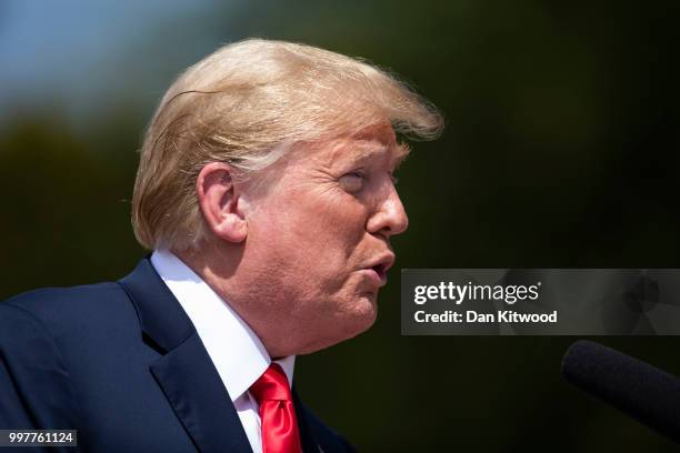 Prime Minister Theresa May and U.S. President Donald Trump hold a joint press conference at Chequers on July 13, 2018 in Aylesbury, England. US...