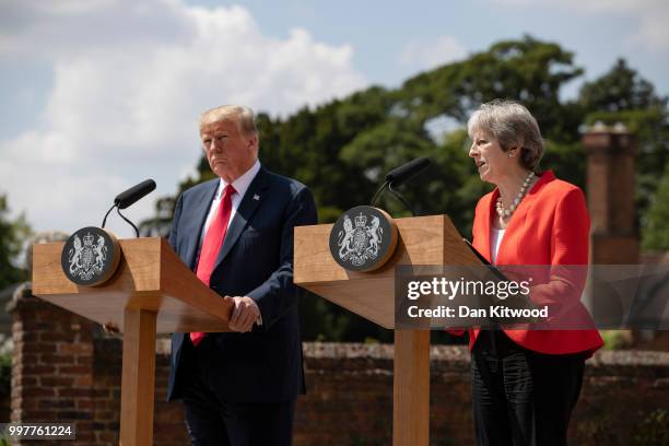 Prime Minister Theresa May and U.S. President Donald Trump hold a joint press conference at Chequers on July 13, 2018 in Aylesbury, England. US...