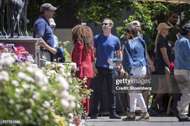 Mark Zuckerberg, chief executive officer and founder of Facebook Inc., speaks attendees after a morning session at the Allen & Co. Media and...