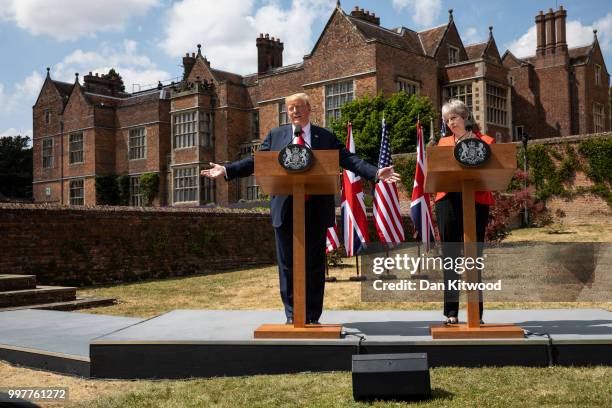 Prime Minister Theresa May and U.S. President Donald Trump hold a joint press conference at Chequers on July 13, 2018 in Aylesbury, England. US...