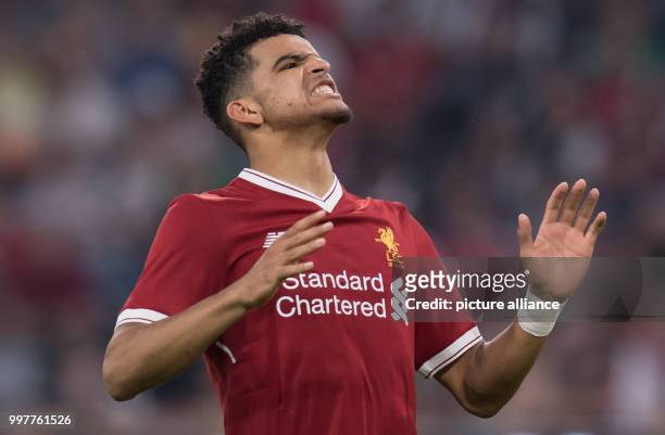 Liverpool's Dominic Solanke reacts after a missed chance during the Audi Cup final soccer match between Atletico Madrid and FC Liverpool in the...