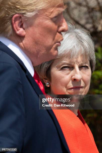 Prime Minister Theresa May and U.S. President Donald Trump hold a joint press conference at Chequers on July 13, 2018 in Aylesbury, England. US...