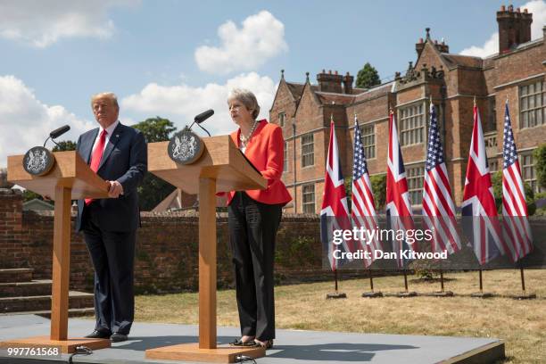 Prime Minister Theresa May and U.S. President Donald Trump hold a joint press conference at Chequers on July 13, 2018 in Aylesbury, England. US...