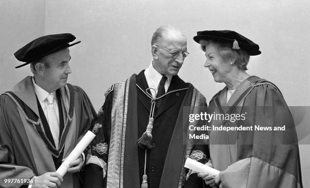 Former President Eamon de Valera, Chancellor of the National University of Ireland chats with President Cearbhall O'Dalaigh and Mrs O'Dalaigh at UCD...