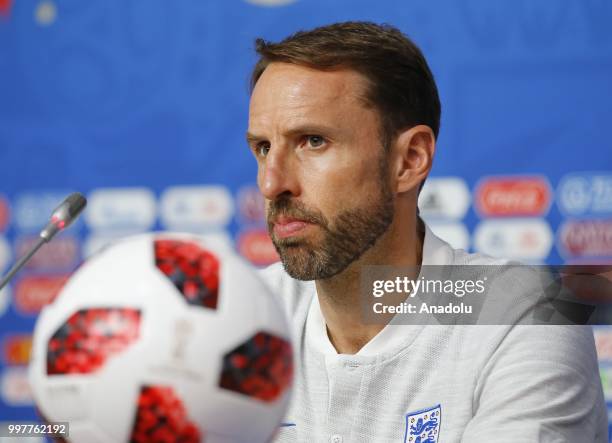 Head coach Gareth Southgate of England is seen during press conference at Saint Petersburg Stadium ahead of the World Cup third-place play-off...