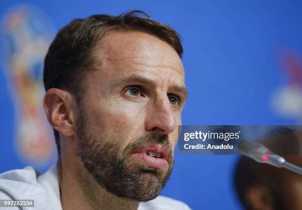 Head coach Gareth Southgate of England is seen during press conference at Saint Petersburg Stadium ahead of the World Cup third-place play-off...