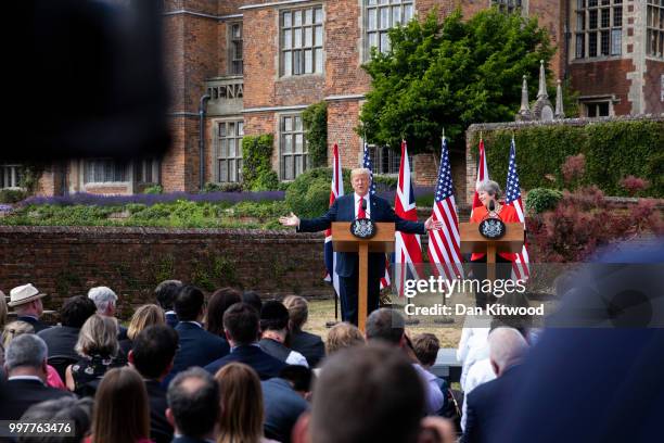 Prime Minister Theresa May and U.S. President Donald Trump hold a joint press conference at Chequers on July 13, 2018 in Aylesbury, England. US...