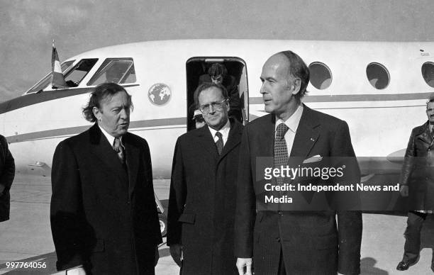 French President Valery Giscard d'Estaing who was greeted by Conor Cruise O'Brien, Minister for Posts and Telegraphs and the French Ambassador to...