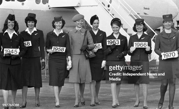 Model Mary O'Callaghan wearing the new Aer Lingus uniform, which contrasts with uniforms worn by hostesses, which show the styles worn since 1945,...