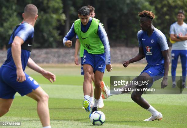 Alvaro Morata and Tammy Abraham of Chelsea during a training session at Chelsea Training Ground on July 13, 2018 in Cobham, England.