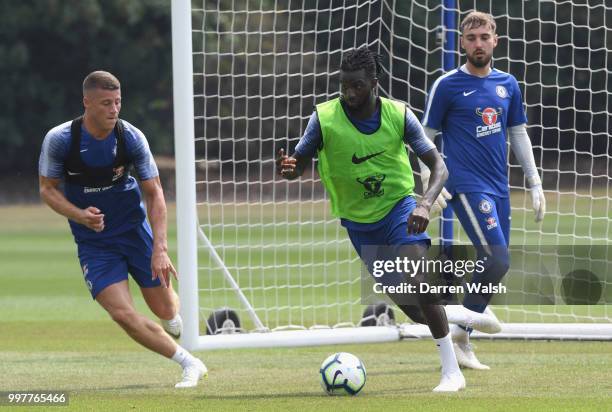 Ross Barkley and Tiemoue Bakayoko of Chelsea during a training session at Chelsea Training Ground on July 13, 2018 in Cobham, England.