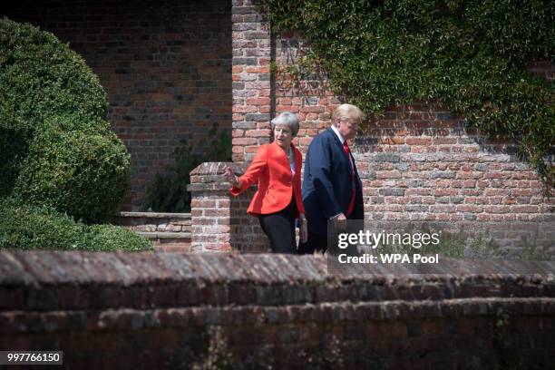 Prime Minister Theresa May and U.S. President Donald Trump attend a joint press conference following their meeting at Chequers on July 13, 2018 in...