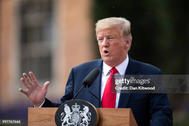 President Donald Trump speaks during a joint press conference with Prime Minister Theresa May at Chequers on July 13, 2018 in Aylesbury, England. US...