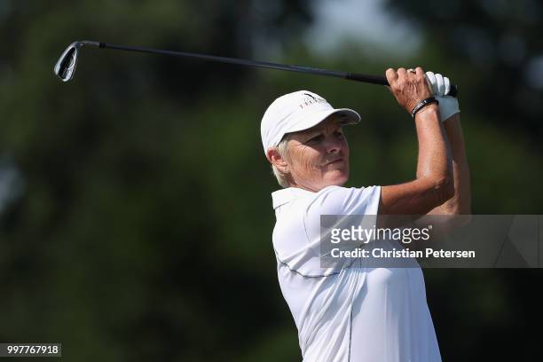 Elaine Crosby plays her second shot on the eighth hole during the second round of the U.S. Senior Women's Open at Chicago Golf Club on July 13, 2018...