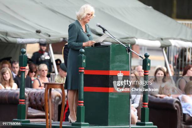 Camilla, Duchess of Cornwall gives a speech during a visit to New Normandy Barracks on July 12, 2018 in Aldershot, England.