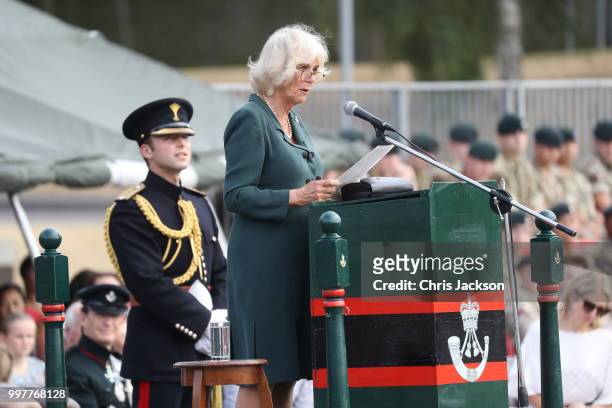 Camilla, Duchess of Cornwall gives a speech during a visit to New Normandy Barracks on July 12, 2018 in Aldershot, England.