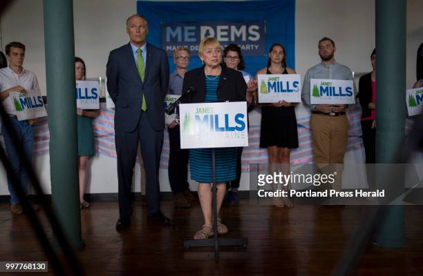 Maine Attorney General and candidate for governor Janet Mills speaks at a press conference alongside Washington governor and Chair of the Democratic...