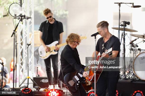 Brent Kutzle, Drew Brown and Ryan Tedder of One Republic perform on NBC's "Today" at Rockefeller Plaza on July 13, 2018 in New York City.
