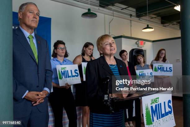 Maine Attorney General and candidate for governor Janet Mills speaks at a press conference alongside Washington governor and Chair of the Democratic...