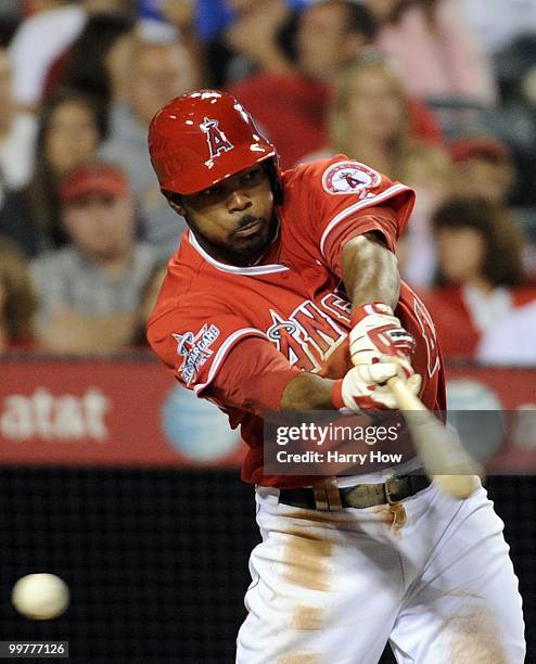 Howie Kendrick of the Los Angeles Angels at bat against the Oakland Athletics at Angels Stadium on May 15, 2010 in Anaheim, California.