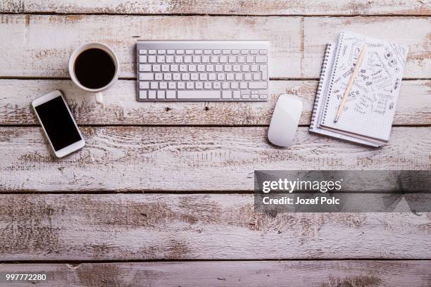 desk, gadgets and office supplies. flat lay. copy space. - business flat lay stock pictures, royalty-free photos & images