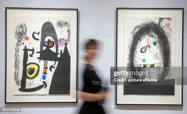 July 2018, Apolda, Germany: The etching "Escalade vers la lune" and "L' Exile noir" can be seen at the exhibition "Joan Miro - Poetic Worlds". 71...