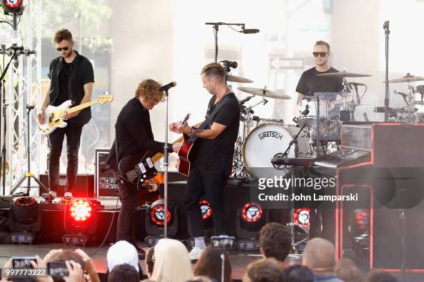 Brent Kutzle, Drew Brown, Ryan Tedder and Eddie Fisher of One Republic perform on NBC's "Today" at Rockefeller Plaza on July 13, 2018 in New York...