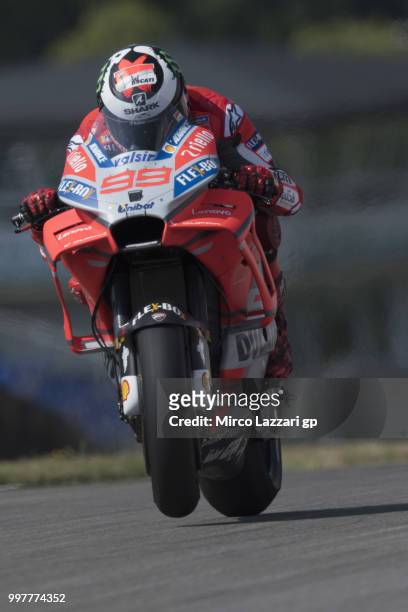 Jorge Lorenzo of Spain and Ducati Team heads down a straight during the MotoGp of Germany - Free Practice at Sachsenring Circuit on July 13, 2018 in...