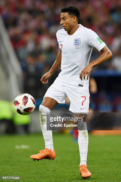 Jesse Lingard of England controls the ball during the 2018 FIFA World Cup Russia Semi Final match between England and Croatia at Luzhniki Stadium on...