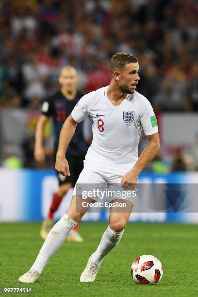Jordan Henderson of England plays the ball during the 2018 FIFA World Cup Russia Semi Final match between England and Croatia at Luzhniki Stadium on...