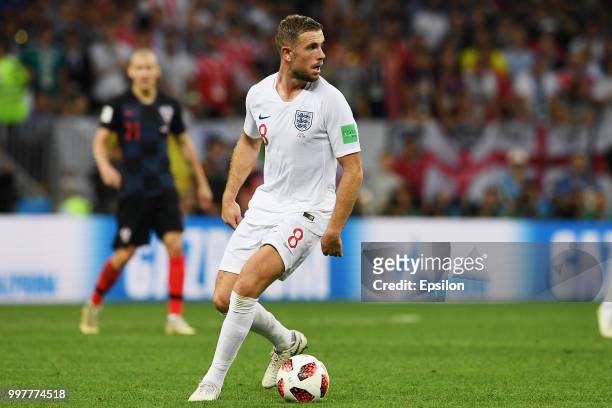 Jordan Henderson of England plays the ball during the 2018 FIFA World Cup Russia Semi Final match between England and Croatia at Luzhniki Stadium on...