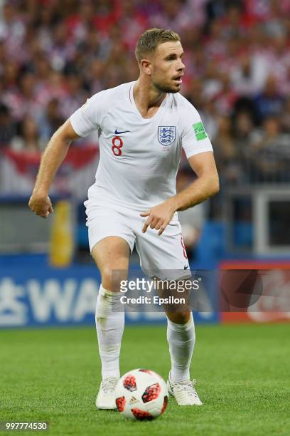 Jordan Henderson of England drives the ball during the 2018 FIFA World Cup Russia Semi Final match between England and Croatia at Luzhniki Stadium on...
