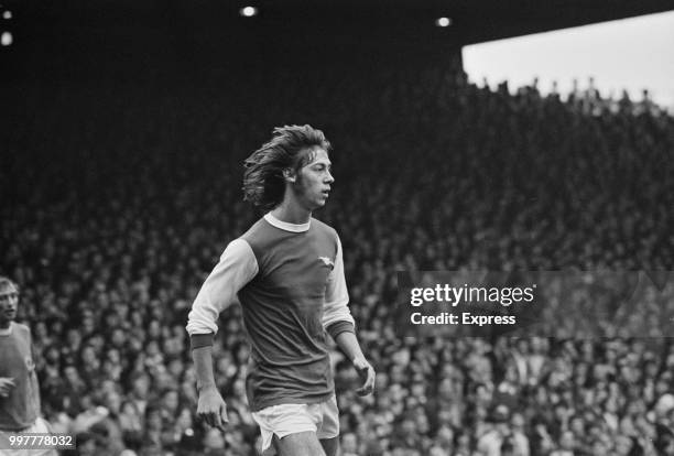 English soccer player Charlie George, forward for Arsenal FC, during a match against Leicester City FC, London, UK, 27th September 1971.