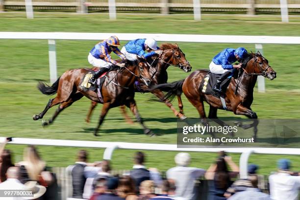 James Doyle riding AL Hilalee win The Weatherbys British EBF Maiden Stakes at Newmarket Racecourse on July 13, 2018 in Newmarket, United Kingdom.