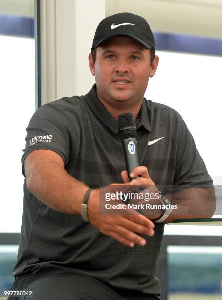 Patrick Reed of USA speaks during a player meet and greet on the second day of the Aberdeen Standard Investments Scottish Open at Gullane Golf Course...