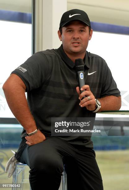 Patrick Reed of USA speaks during a player meet and greet on the second day of the Aberdeen Standard Investments Scottish Open at Gullane Golf Course...