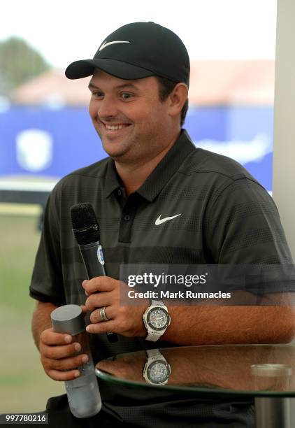 Patrick Reed of USA speaks during a player meet and greet on the second day of the Aberdeen Standard Investments Scottish Open at Gullane Golf Course...