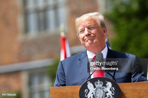 President Donald Trump, reacts during a joint news conference with Theresa May, U.K. Prime minister, at Chequers in Aylesbury, U.K., on Friday, July...