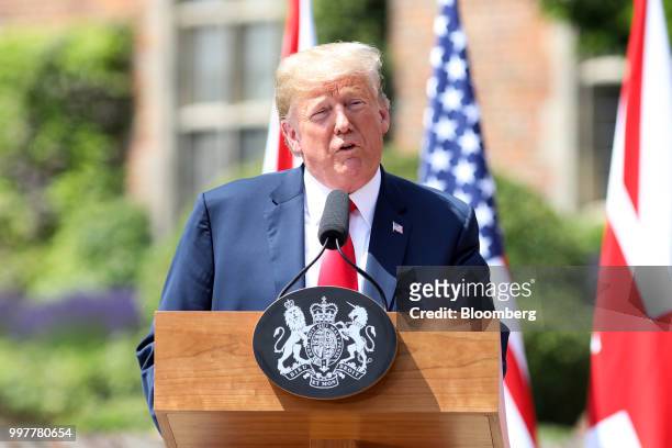 President Donald Trump, speaks during a joint news conference with Theresa May, U.K. Prime minister, at Chequers in Aylesbury, U.K., on Friday, July...