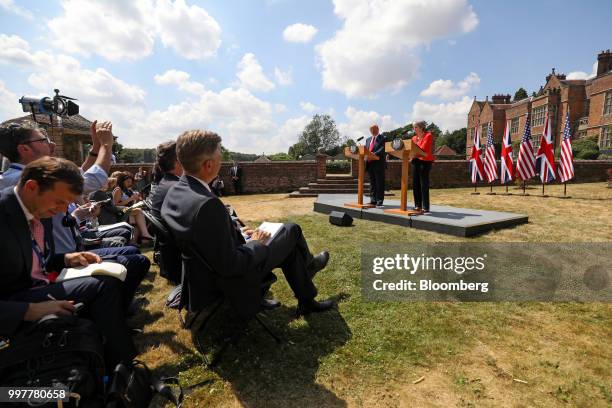 Theresa May, U.K. Prime minister, speaks during a joint news conference with U.S. President Donald Trump, left, at Chequers in Aylesbury, U.K., on...