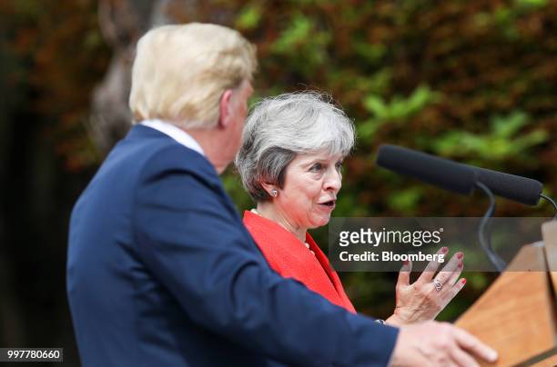 Theresa May, U.K. Prime minister, right, speaks during a joint news conference with U.S. President Donald Trump, left, at Chequers in Aylesbury,...