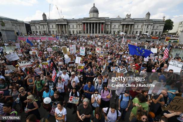 Protesters take part in a demonstration against President Trump's visit to the UK in Trafalgar Square on July 13, 2018 in London, England. Tens of...