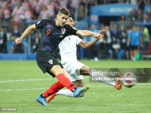 July 11, 2018 -- Andrej Kramaric of Croatia shoots during the 2018 FIFA World Cup semi-final match between England and Croatia in Moscow, Russia,...