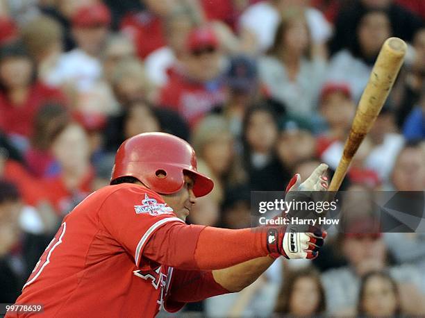 Bobby Abreu of the Los Angeles Angels at bat against the Oakland Athletics at Angels Stadium on May 15, 2010 in Anaheim, California.