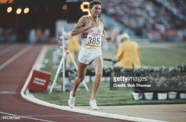 English athlete David Moorcroft competes for the Great Britain team to finish in 14th place in the final of the Men's 5000 metres event at the 1984...