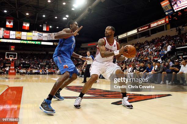 Antonio Anderson of the Rio Grande Valley Vipers holds the ball against Larry Owens of theTulsa 66ers in Game Two of the 2010 NBA D-League Finals at...